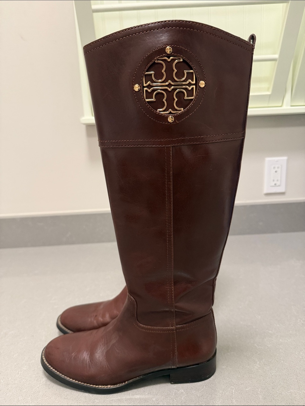 Tory Burch Tall Leather Riding Boots in Dark Brown with Gold Logo